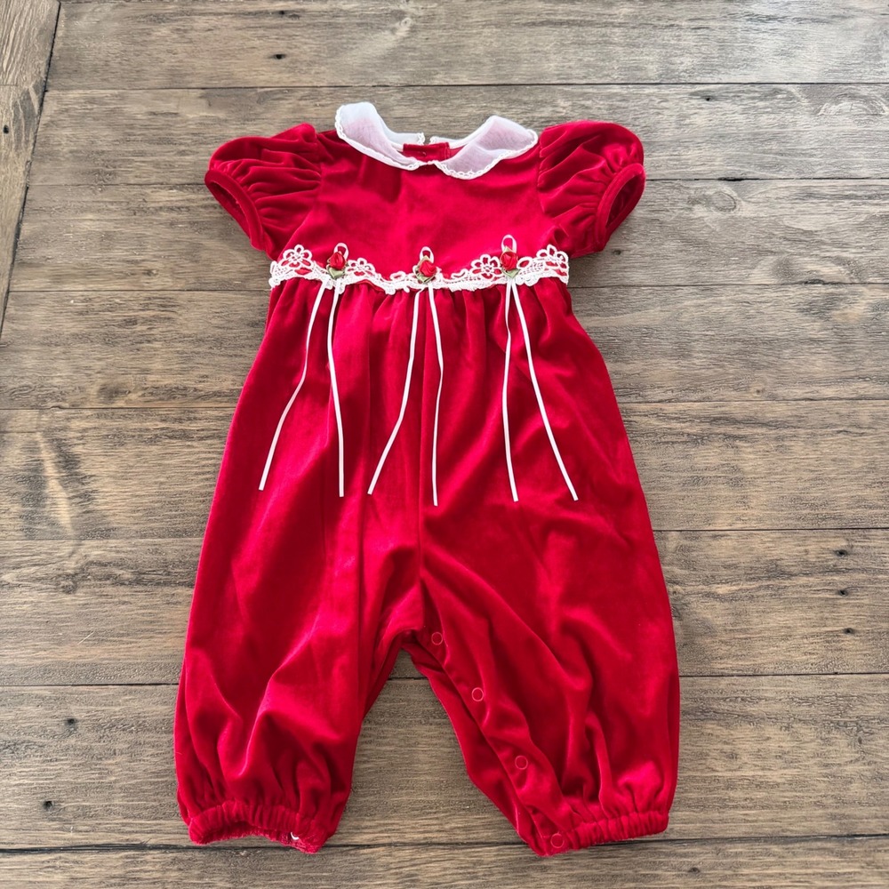 Rare Editions Baby Girls Red Velvet‎ Holiday Romper Lace Rosettes 24M Christmas